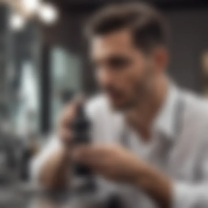 A barber demonstrating the use of a mist spray bottle during a grooming session