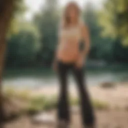 Stylish maternity flare yoga pants displayed in a serene outdoor setting