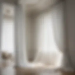 Elegant white sheer curtains draping from a stylish ceiling