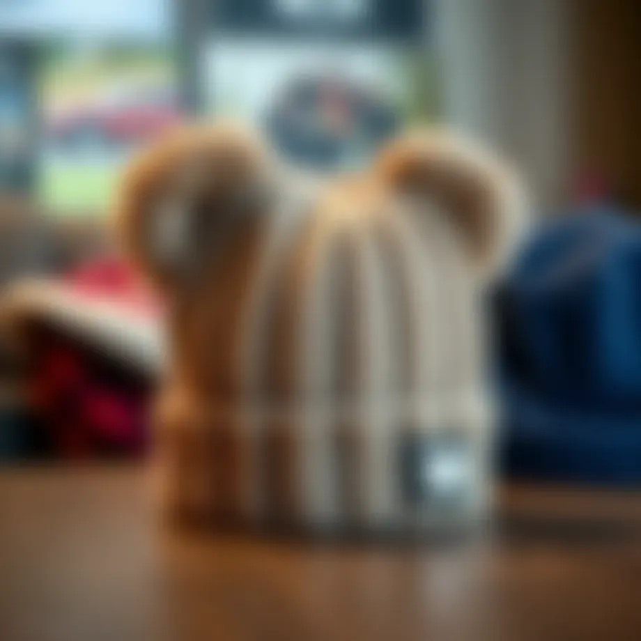 A cozy bear ear beanie displayed on a wooden surface