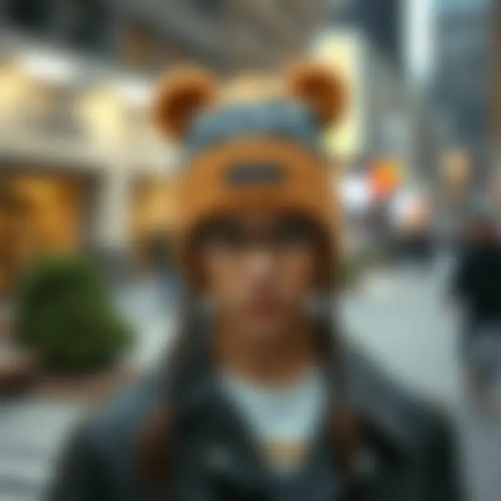 A stylish individual showcasing a bear ear beanie in an urban setting