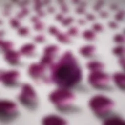 A close-up of vibrant purple rose petals scattered on a white tablecloth during a wedding reception