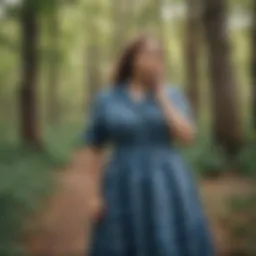 Stylish blue plaid dress on a plus size model in a natural setting