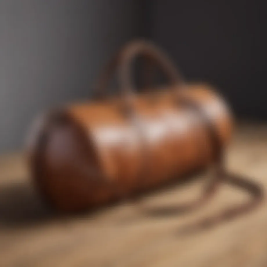 A stylish cylindrical duffle bag on a wooden surface