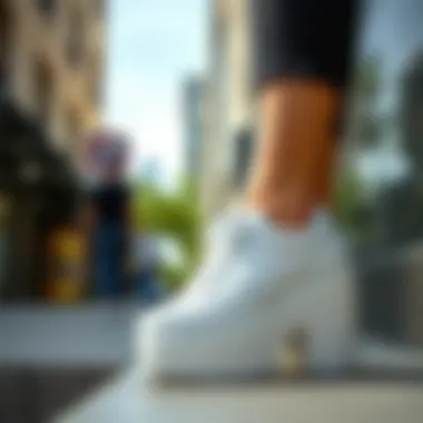 Elegant display of white platform Skechers in urban setting