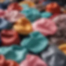 A selection of solid color tops arranged artistically on a display