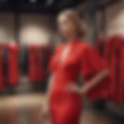 Elegant red dress with flowing sleeves showcased on a mannequin in a boutique