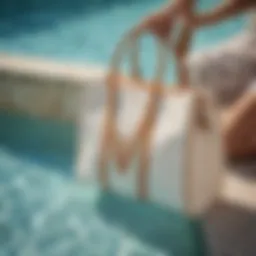 Elegant monogram pool bag displayed by the poolside
