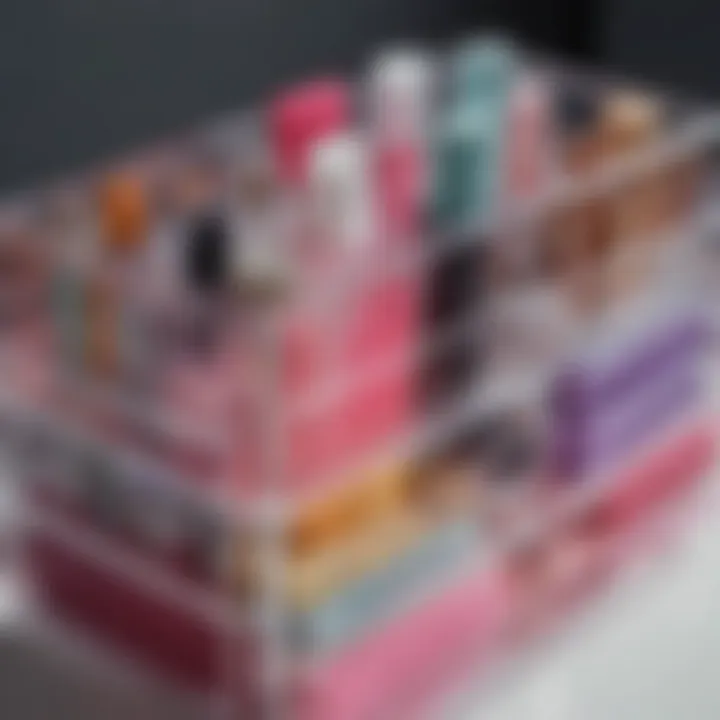 Colorful acrylic makeup organizers arranged artistically